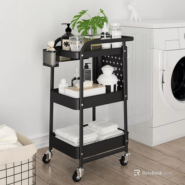 Modern Bathroom Storage Cart With Three Tier Shelves Wheels Toiletries Towels And Green Plant 3d model 