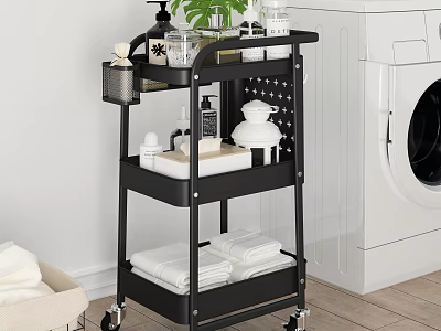 Modern Bathroom Storage Cart With Three Tier Shelves Wheels Toiletries Towels And Green Plant 3d model