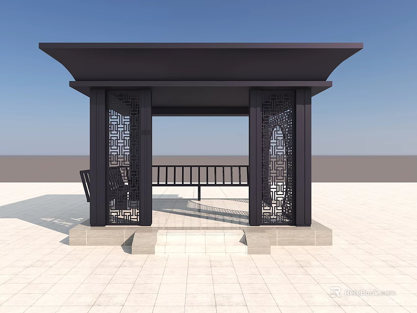 Black Chinese Pavilion With Intricate Carved Columns Flat Roof And Stone Steps 3d model 