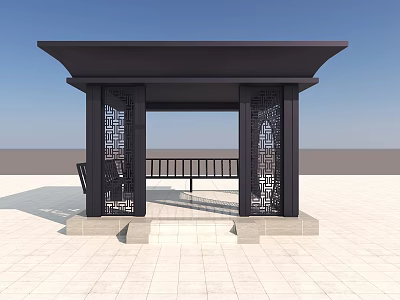 Black Chinese Pavilion With Intricate Carved Columns Flat Roof And Stone Steps 3d model