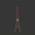 Detailed Red Metal Tower Model Featuring Grid Structure Base And Top Antenna