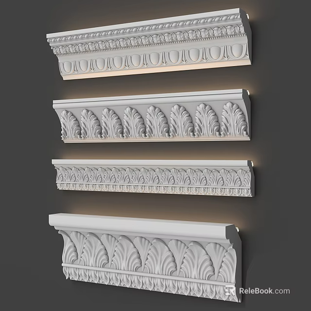 Carved Wall Decorative Mouldings With Various Intricate Floral And Leaf Patterns 3d model 