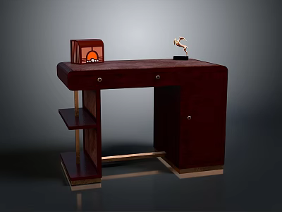 Dark Wooden Desk With Drawer Shelf Vintage Radio And Sculpture Decoration 3d model