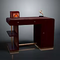 Dark Wooden Desk With Drawer Shelf Vintage Radio And Sculpture Decoration