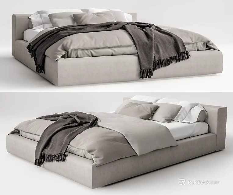 Modern Double Bed Design With Light Gray Upholstery Soft Blanket And Pillows 3d model