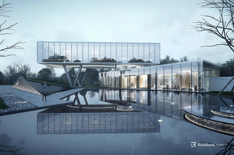 Modern Glass Fronted Sales Office Building With Water Reflection And Greenery 3d model