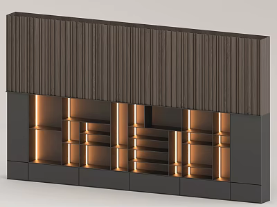 Modern Wooden Feature Wall With Vertical Slats And Illuminated Storage Compartments 3d model