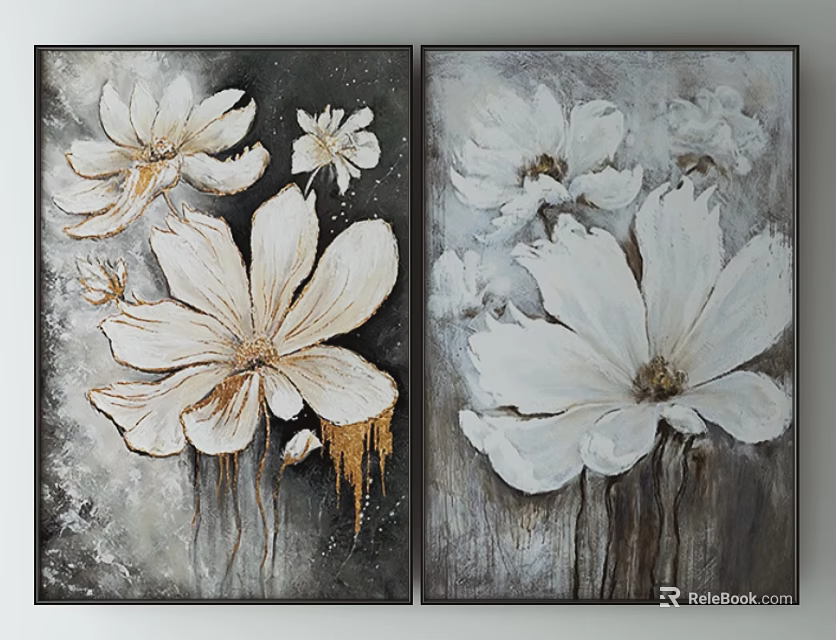 Decorative Modern White Flower Paintings With Grey Background And Gold Accents 3d model 