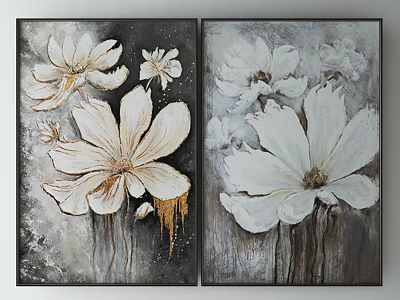 Decorative Modern White Flower Paintings With Grey Background And Gold Accents 3d model