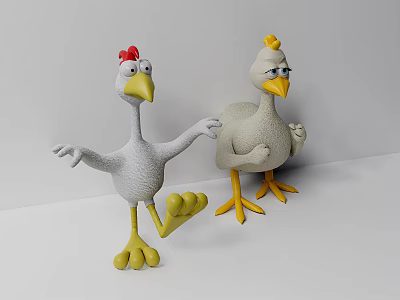 Cute Chicken Dolls Featuring Red And Yellow Combs In Playful Poses On White Background 3d model