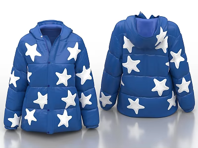 Blue Hooded Puffer Jacket with White Star Patterns Front and Back Views 3d model