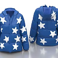 Blue Hooded Puffer Jacket with White Star Patterns Front and Back Views