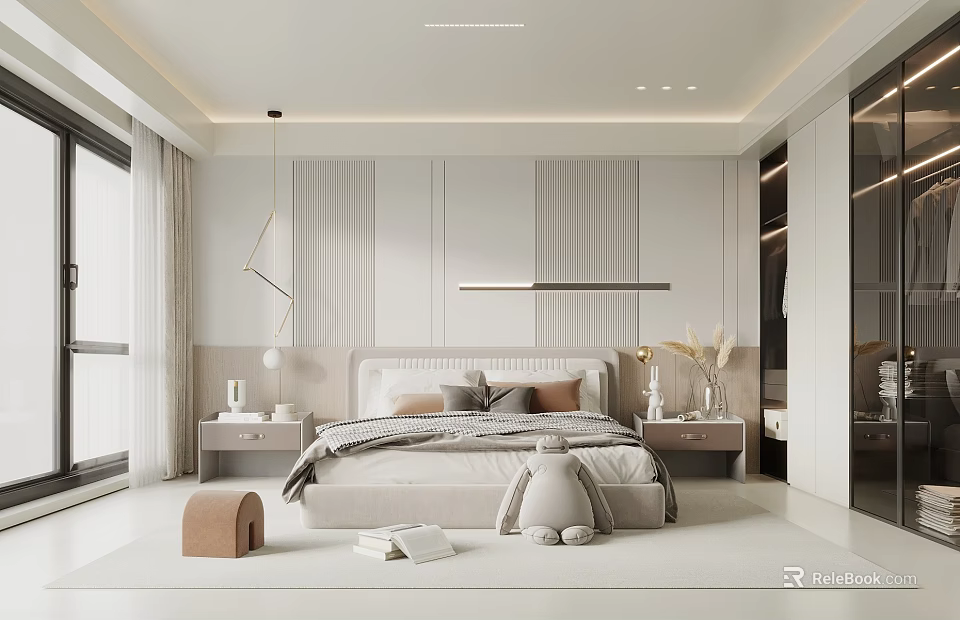 Modern Bedroom Interior Design With Bedside Tables Pendant Light And Window Curtains 3d model