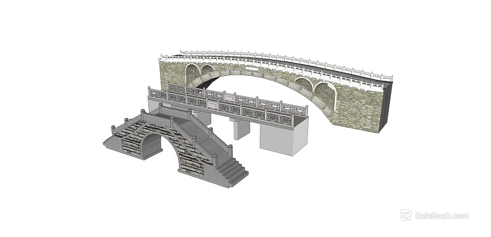 Stone Arch Bridge Structure Featuring Railings Steps And Traditional Design Elements 3d model