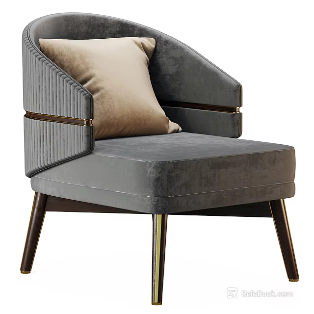 Gray Velvet Single Sofa With Beige Cushion Metal Accents And Dark Wooden Legs 3d model 