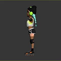 Cartoon Girl In Roller Skates With Green Headphones White Tank Top And Leaf Logo