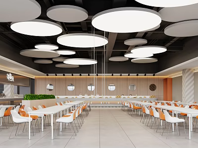 Modern Restaurant Interior With White Tables Chairs And Round Ceiling Lights 3d model