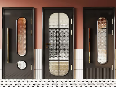 Modern Black Doors With Unique Glass Patterns Against White Tiled Walls And Checkered Floor 3d model