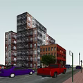 Historic Multi Story Brick Building With Red Structures Trees And Black Car