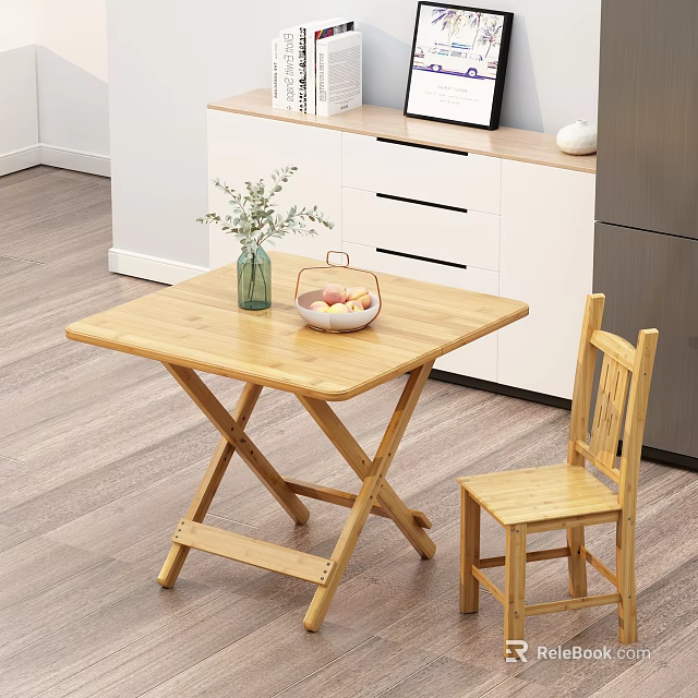 Wooden Folding Dining Table Set with Chair Vase and Fruit Basket in Modern Kitchen 3d model 