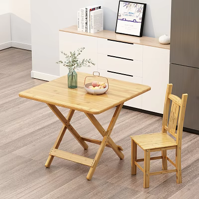 Wooden Folding Dining Table Set with Chair Vase and Fruit Basket in Modern Kitchen 3d model
