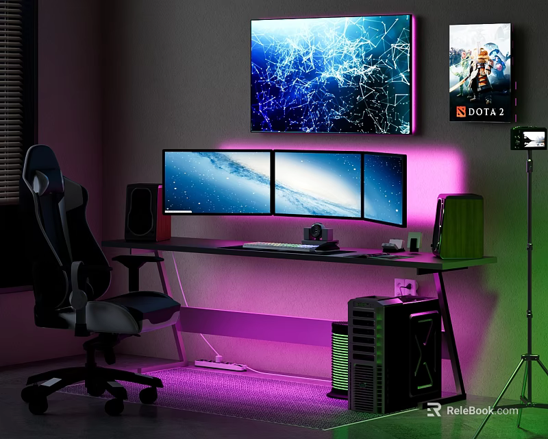 Gaming Desk With Triple Monitors Gaming Chair Purple LED Lighting Wall Art And PC Tower 3d model 