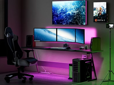 Gaming Desk With Triple Monitors Gaming Chair Purple LED Lighting Wall Art And PC Tower 3d model