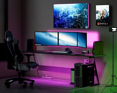Gaming Desk With Triple Monitors Gaming Chair Purple LED Lighting Wall Art And PC Tower 3d model