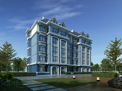 Modern Blue and White Residential Building With Green Lawns Trees and Pathways 3d model