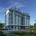 Modern Blue and White Residential Building With Green Lawns Trees and Pathways
