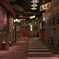 Vintage Old Shanghai Commercial Street With Neon Signs And Retro Decorations