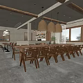 Cozy Rustic Restaurant Interior With Wooden Dining Tables Rattan Pendant Lights And Natural Lighting