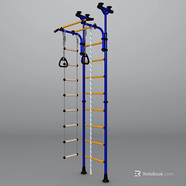 Sports Equipment Climbing Frame With Blue Frame Yellow Rungs Gym Rings And Climbing Rope 3d model 