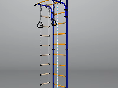 Sports Equipment Climbing Frame With Blue Frame Yellow Rungs Gym Rings And Climbing Rope 3d model