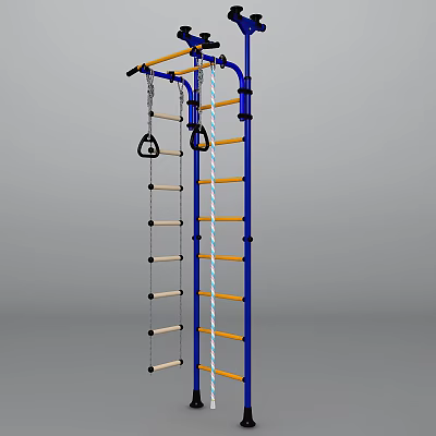 Sports Equipment Climbing Frame With Blue Frame Yellow Rungs Gym Rings And Climbing Rope 3d model
