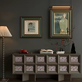 Entryway Console Table With Gray Cabinet Patterned Drawers Red Decor Open Book Black Vase 3d model