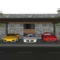 Carport Roof Structure with Stone Wall Trees and Vehicle Reflections in Parking Area