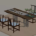 Classic Wooden Tea Table And Chairs With Traditional Design Tea Sets And Decorative Plants