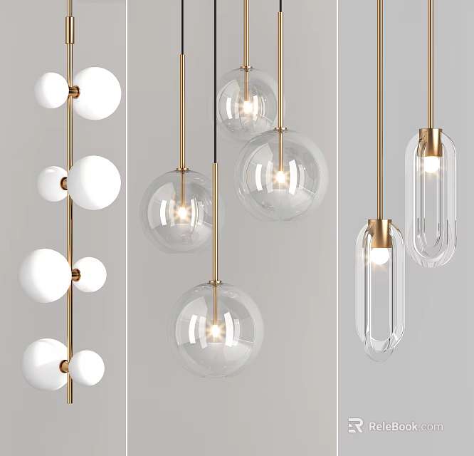 Modern Contemporary Pendant Lights With Transparent Glass Balls And Golden Metal Rods 3d model 