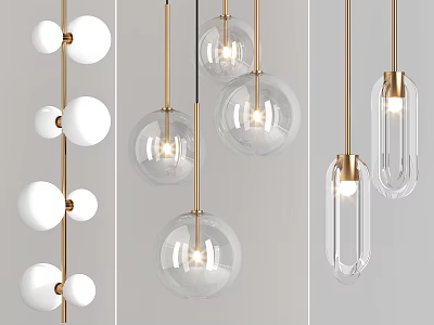 Modern Contemporary Pendant Lights With Transparent Glass Balls And Golden Metal Rods 3d model