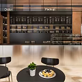 Modern Café Interior Design With Black Tables Chairs Brown Walls Metallic Counter And Hanging Lights