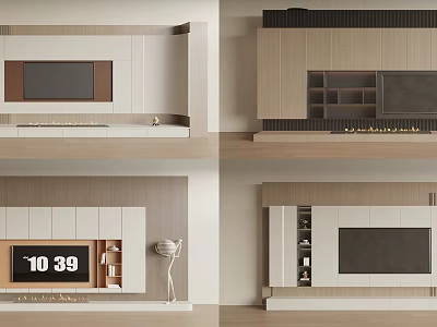 Modern TV Wall Design With Wooden Panels White Cabinets And Built In TV 3d model