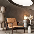 Brown Leather Armchairs With Small Round Table Gray Walls Circular Ceiling Light And Floor Patterns 3d model