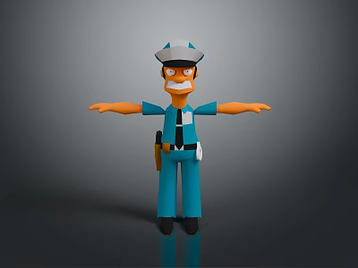 Cartoon Police Character In Blue Uniform With Cap Serious Expression And Outstretched Arms 3d model