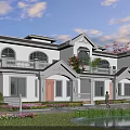 Twin Villa Exterior Design With White Facade Arched Windows Balcony And Garden Lawn Pond