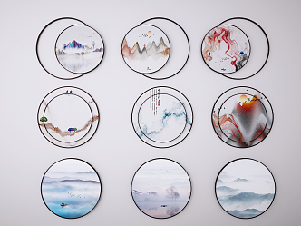 New Chinese Style Round Frame Painting Landscape Round Hanging Painting Decorative Painting Combination 3d model