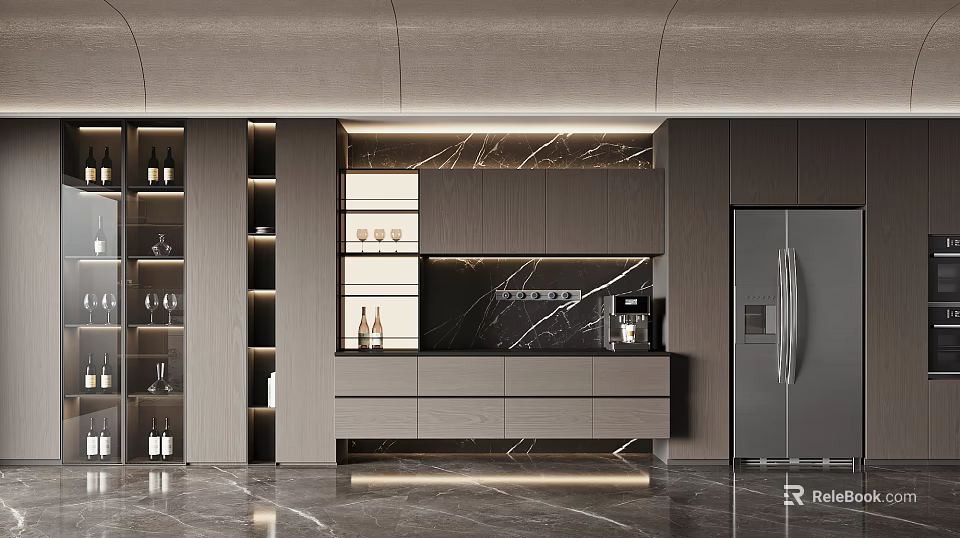 Modern Open Kitchen With Sleek Sideboard And Marble Countertop Design 3d model