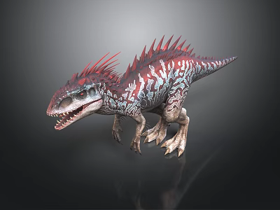 Realistic 3D Dinosaur Model With Red And White Striped Spiked Back Open Mouth 3d model