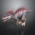 Realistic 3D Dinosaur Model With Red And White Striped Spiked Back Open Mouth 3d model