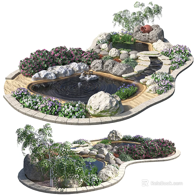 Garden Ornament Design Featuring Pond Stones Colorful Flowers and Lush Green Plants 3d model 
